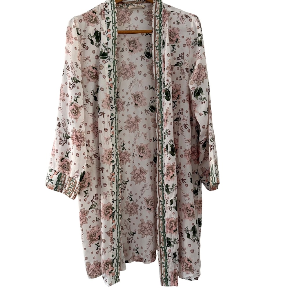 Rebellion Floral Kimono Duster‎ Cardigan Pink Green Long Sleeve Open Front L